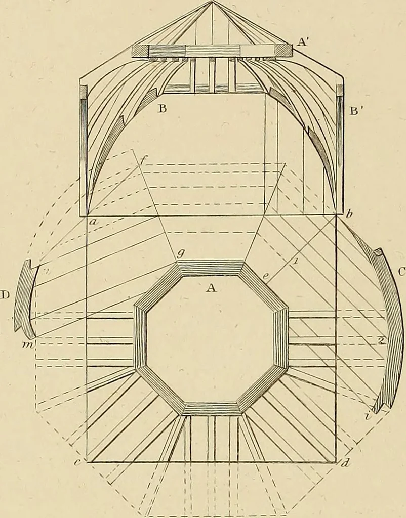 An illustration from The carpenter's new guide; a complete book of lines for carpentry and joinery, treating fully on practical geometry, soffits, groins, niches, roofs, and domes, and containing a great variety of original designs. Also a full exemplification of the theory and practice of stair building, cornices, mouldings, and dressings of every description. Including also some observations and calculations on the strength of timber, 1854, leaf 111