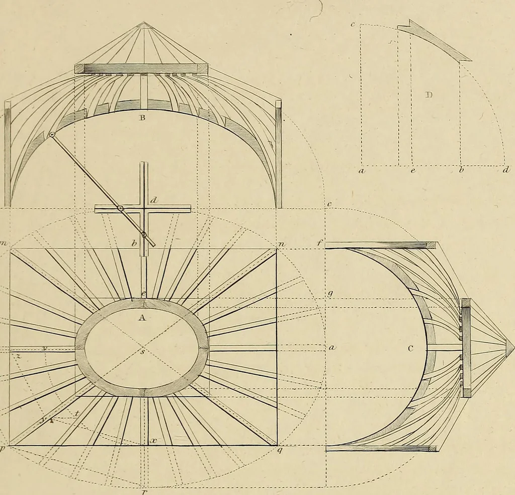 An illustration from The carpenter's new guide; a complete book of lines for carpentry and joinery, treating fully on practical geometry, soffits, groins, niches, roofs, and domes, and containing a great variety of original designs. Also a full exemplification of the theory and practice of stair building, cornices, mouldings, and dressings of every description. Including also some observations and calculations on the strength of timber, 1854, leaf 114