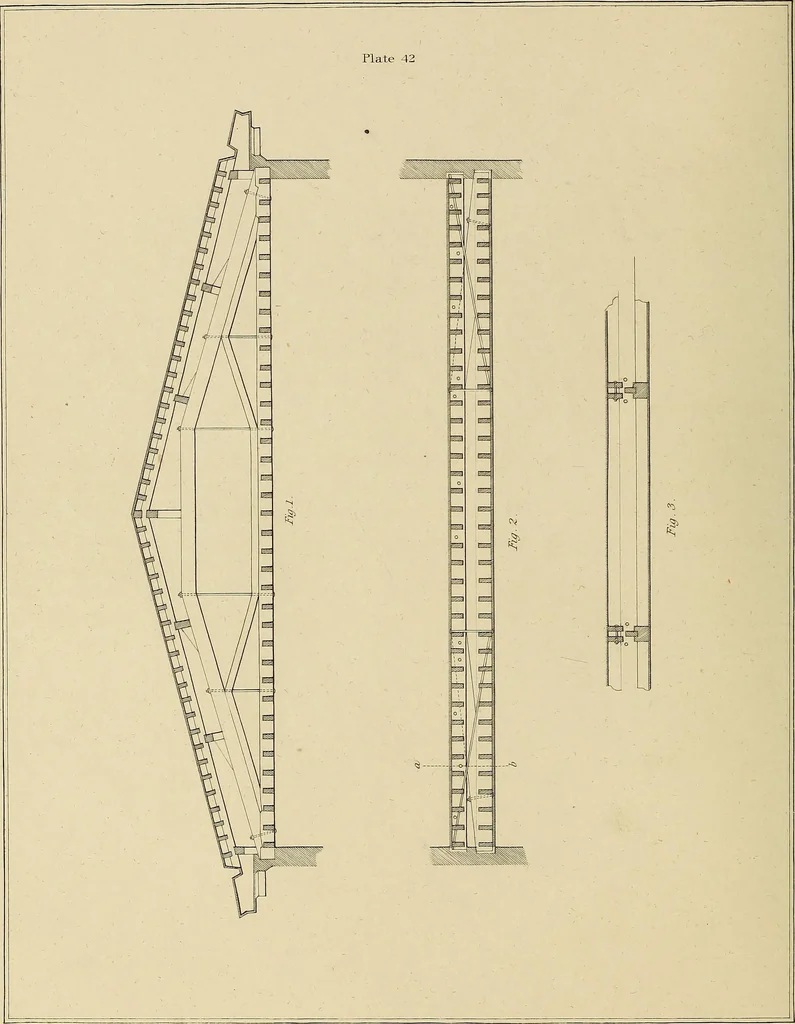 An illustration from The carpenter's new guide; a complete book of lines for carpentry and joinery, treating fully on practical geometry, soffits, groins, niches, roofs, and domes, and containing a great variety of original designs. Also a full exemplification of the theory and practice of stair building, cornices, mouldings, and dressings of every description. Including also some observations and calculations on the strength of timber, 1854, leaf 147