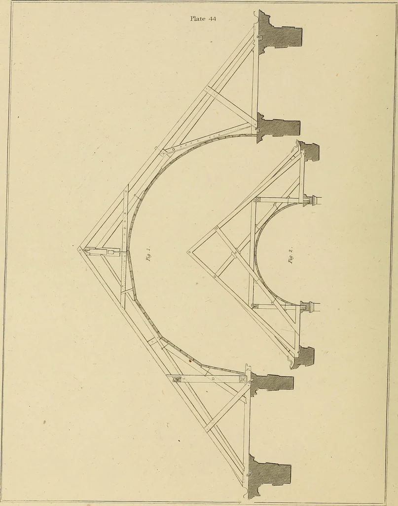An illustration from The carpenter's new guide; a complete book of lines for carpentry and joinery, treating fully on practical geometry, soffits, groins, niches, roofs, and domes, and containing a great variety of original designs. Also a full exemplification of the theory and practice of stair building, cornices, mouldings, and dressings of every description. Including also some observations and calculations on the strength of timber, 1854, leaf 153