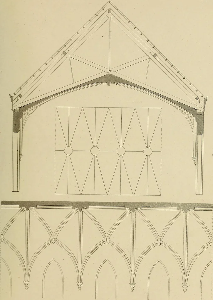 An illustration from The carpenter's new guide; a complete book of lines for carpentry and joinery, treating fully on practical geometry, soffits, groins, niches, roofs, and domes, and containing a great variety of original designs. Also a full exemplification of the theory and practice of stair building, cornices, mouldings, and dressings of every description. Including also some observations and calculations on the strength of timber, 1854, leaf 156