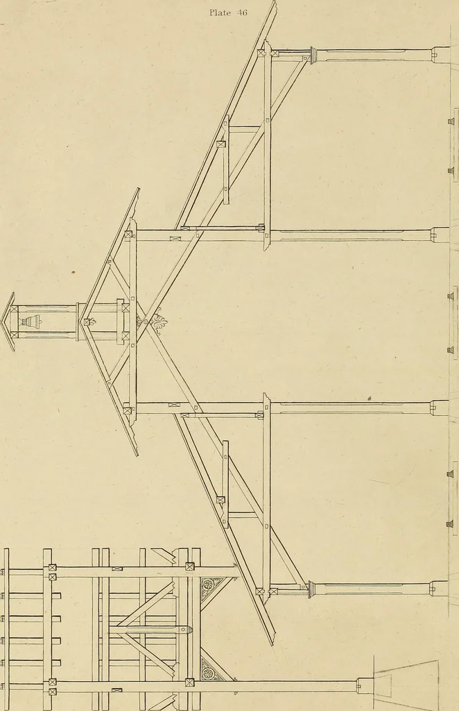 An illustration from The carpenter's new guide; a complete book of lines for carpentry and joinery, treating fully on practical geometry, soffits, groins, niches, roofs, and domes, and containing a great variety of original designs. Also a full exemplification of the theory and practice of stair building, cornices, mouldings, and dressings of every description. Including also some observations and calculations on the strength of timber, 1854, leaf 159