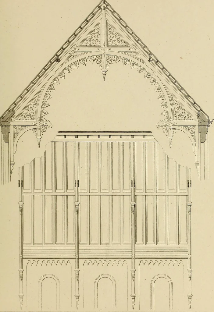 An illustration from The carpenter's new guide; a complete book of lines for carpentry and joinery, treating fully on practical geometry, soffits, groins, niches, roofs, and domes, and containing a great variety of original designs. Also a full exemplification of the theory and practice of stair building, cornices, mouldings, and dressings of every description. Including also some observations and calculations on the strength of timber, 1854, leaf 162