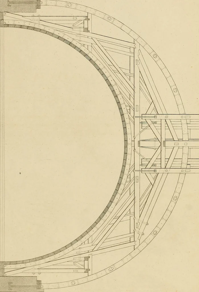 An illustration from The carpenter's new guide; a complete book of lines for carpentry and joinery, treating fully on practical geometry, soffits, groins, niches, roofs, and domes, and containing a great variety of original designs. Also a full exemplification of the theory and practice of stair building, cornices, mouldings, and dressings of every description. Including also some observations and calculations on the strength of timber, 1854, leaf 168