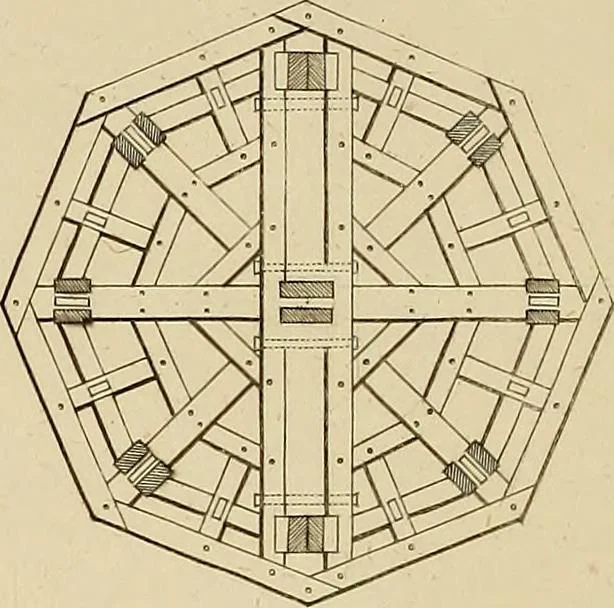 An illustration from The carpenter's new guide; a complete book of lines for carpentry and joinery, treating fully on practical geometry, soffits, groins, niches, roofs, and domes, and containing a great variety of original designs. Also a full exemplification of the theory and practice of stair building, cornices, mouldings, and dressings of every description. Including also some observations and calculations on the strength of timber, 1854, leaf 171