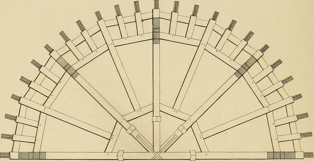 An illustration from The carpenter's new guide; a complete book of lines for carpentry and joinery, treating fully on practical geometry, soffits, groins, niches, roofs, and domes, and containing a great variety of original designs. Also a full exemplification of the theory and practice of stair building, cornices, mouldings, and dressings of every description. Including also some observations and calculations on the strength of timber, 1854, leaf 171