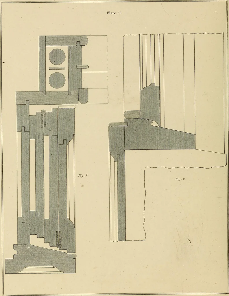 An illustration from The carpenter's new guide; a complete book of lines for carpentry and joinery, treating fully on practical geometry, soffits, groins, niches, roofs, and domes, and containing a great variety of original designs. Also a full exemplification of the theory and practice of stair building, cornices, mouldings, and dressings of every description. Including also some observations and calculations on the strength of timber, 1854, leaf 177