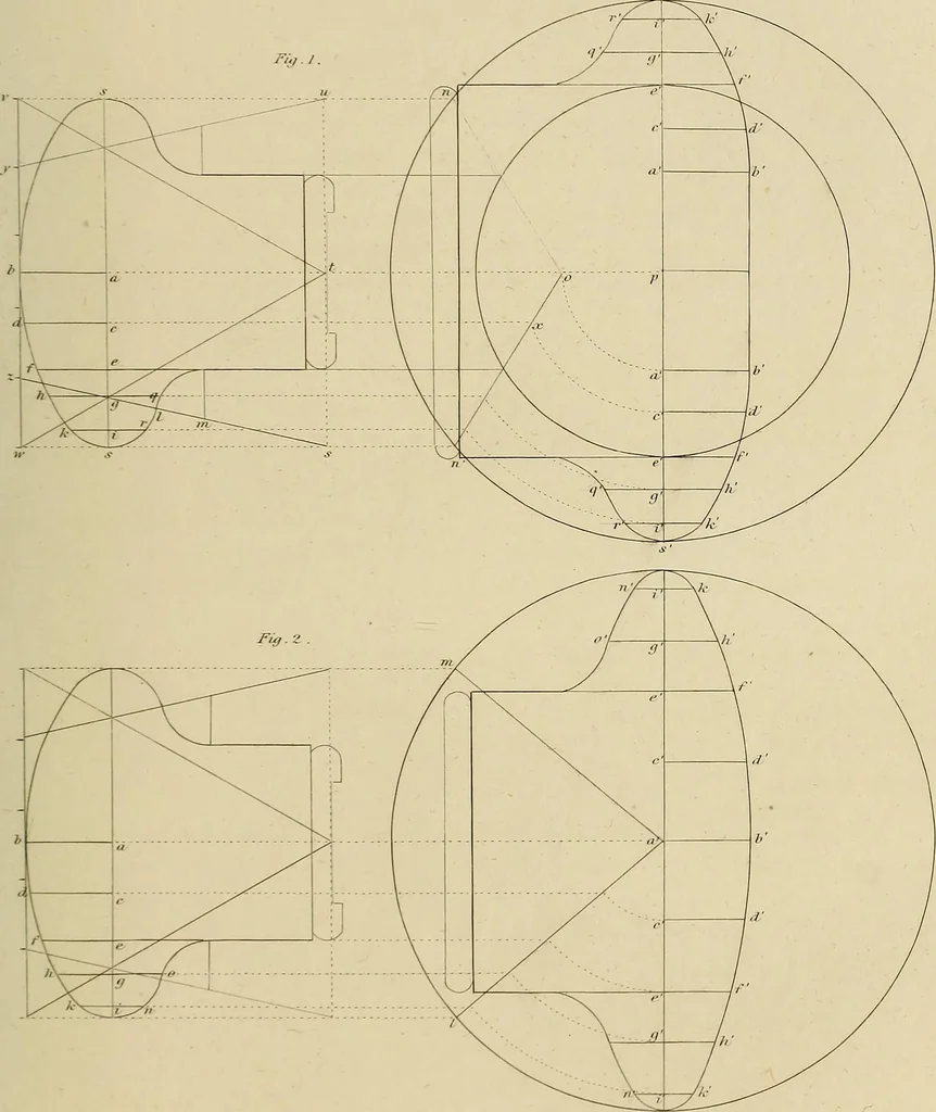 An illustration from The carpenter's new guide; a complete book of lines for carpentry and joinery, treating fully on practical geometry, soffits, groins, niches, roofs, and domes, and containing a great variety of original designs. Also a full exemplification of the theory and practice of stair building, cornices, mouldings, and dressings of every description. Including also some observations and calculations on the strength of timber, 1854, leaf 210