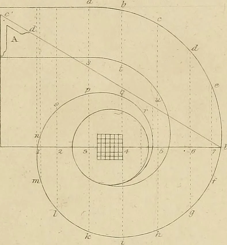 An illustration from The carpenter's new guide; a complete book of lines for carpentry and joinery, treating fully on practical geometry, soffits, groins, niches, roofs, and domes, and containing a great variety of original designs. Also a full exemplification of the theory and practice of stair building, cornices, mouldings, and dressings of every description. Including also some observations and calculations on the strength of timber, 1854, leaf 216