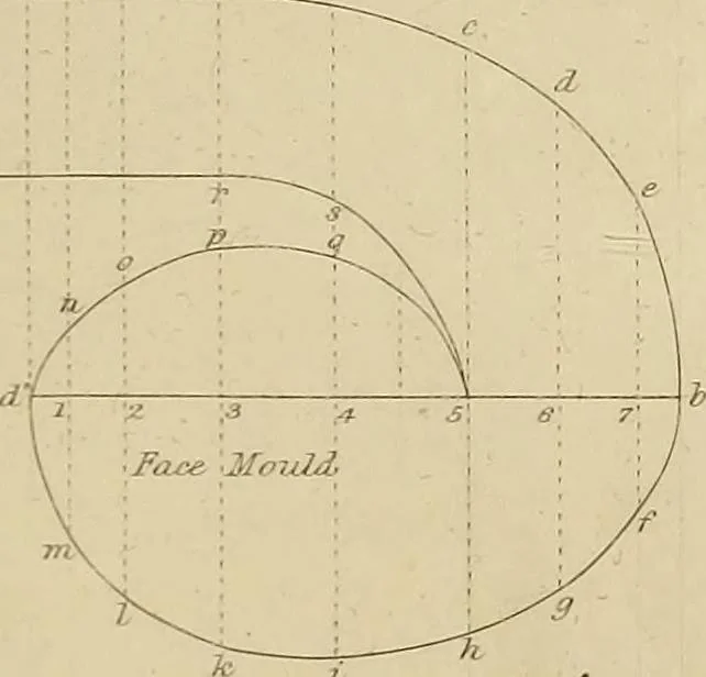 An illustration from The carpenter's new guide; a complete book of lines for carpentry and joinery, treating fully on practical geometry, soffits, groins, niches, roofs, and domes, and containing a great variety of original designs. Also a full exemplification of the theory and practice of stair building, cornices, mouldings, and dressings of every description. Including also some observations and calculations on the strength of timber, 1854, leaf 216