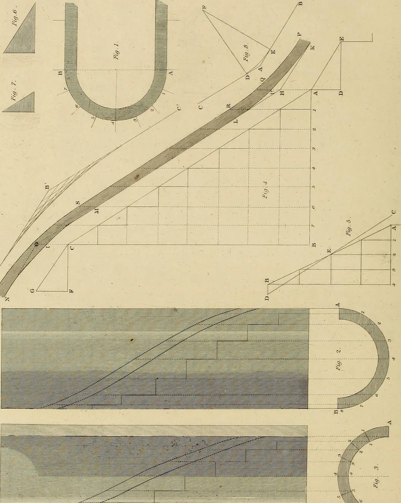 An illustration from The carpenter's new guide; a complete book of lines for carpentry and joinery, treating fully on practical geometry, soffits, groins, niches, roofs, and domes, and containing a great variety of original designs. Also a full exemplification of the theory and practice of stair building, cornices, mouldings, and dressings of every description. Including also some observations and calculations on the strength of timber, 1854, leaf 219