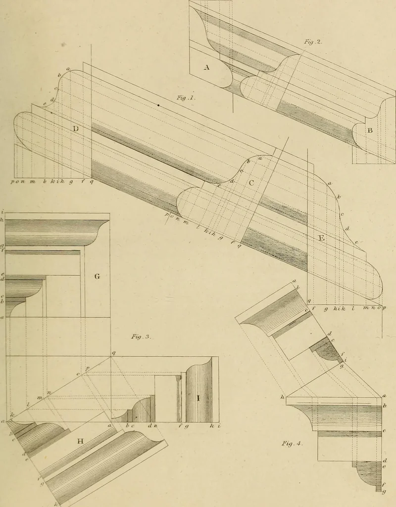 An illustration from The carpenter's new guide; a complete book of lines for carpentry and joinery, treating fully on practical geometry, soffits, groins, niches, roofs, and domes, and containing a great variety of original designs. Also a full exemplification of the theory and practice of stair building, cornices, mouldings, and dressings of every description. Including also some observations and calculations on the strength of timber, 1854, leaf 256