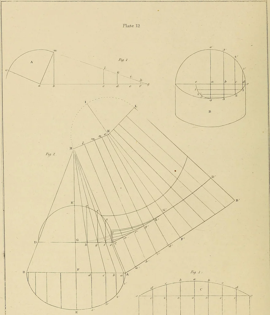An illustration from The carpenter's new guide; a complete book of lines for carpentry and joinery, treating fully on practical geometry, soffits, groins, niches, roofs, and domes, and containing a great variety of original designs. Also a full exemplification of the theory and practice of stair building, cornices, mouldings, and dressings of every description. Including also some observations and calculations on the strength of timber, 1854, leaf 57