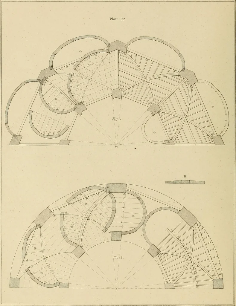 An illustration from The carpenter's new guide; a complete book of lines for carpentry and joinery, treating fully on practical geometry, soffits, groins, niches, roofs, and domes, and containing a great variety of original designs. Also a full exemplification of the theory and practice of stair building, cornices, mouldings, and dressings of every description. Including also some observations and calculations on the strength of timber, 1854, leaf 87