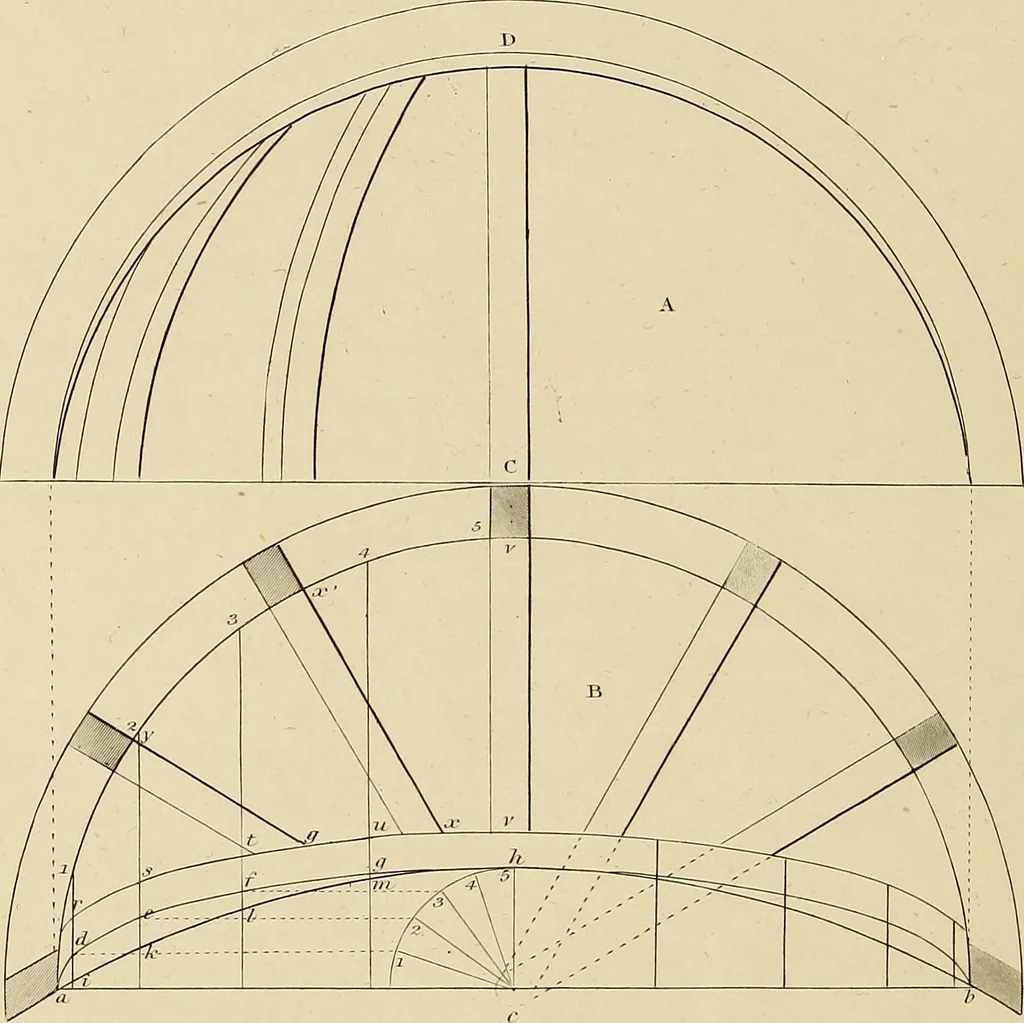 An illustration from The carpenter's new guide; a complete book of lines for carpentry and joinery, treating fully on practical geometry, soffits, groins, niches, roofs, and domes, and containing a great variety of original designs. Also a full exemplification of the theory and practice of stair building, cornices, mouldings, and dressings of every description. Including also some observations and calculations on the strength of timber, 1854, leaf 99