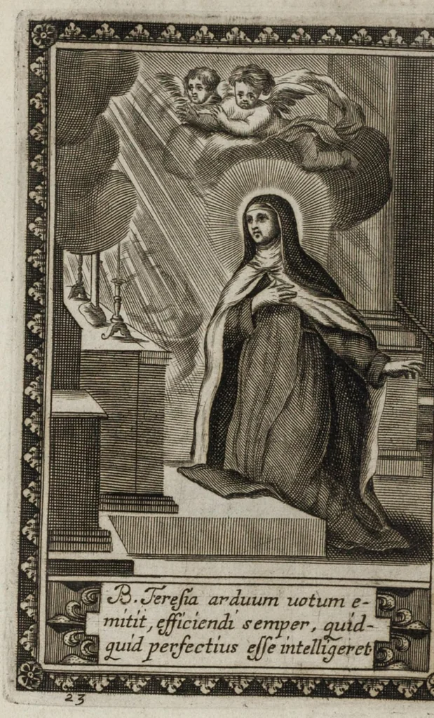 An illustration from La vie de la seraphique mere sainte Terese de Iesus, fondatrice des Carmes déchaussez & des Carmelites déchaussées, 1670, leaf 215