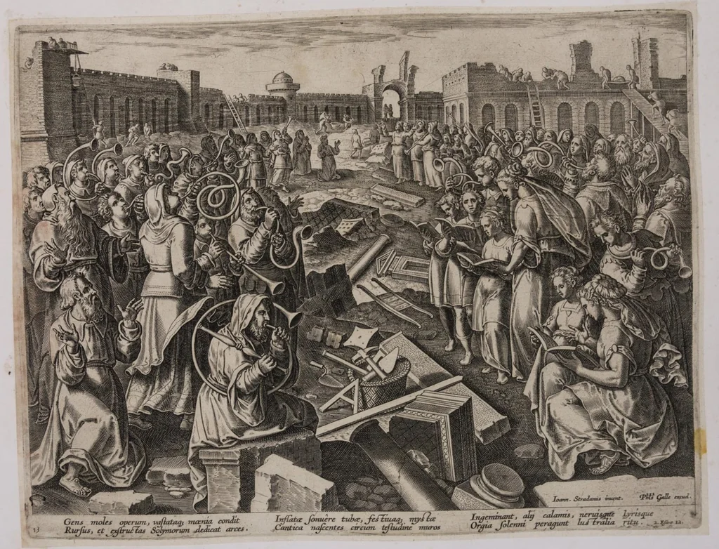 An illustration from Encomium musices quod ex Sacris Litteris concinnabat Philip. Gallaeus. Iconibus exprimebat pictor celeberrimus Io. Stradanas. Versibus illustrabat doctissimus Io. Bochius, urbi Antverp. à secretis, 1600, leaf 18