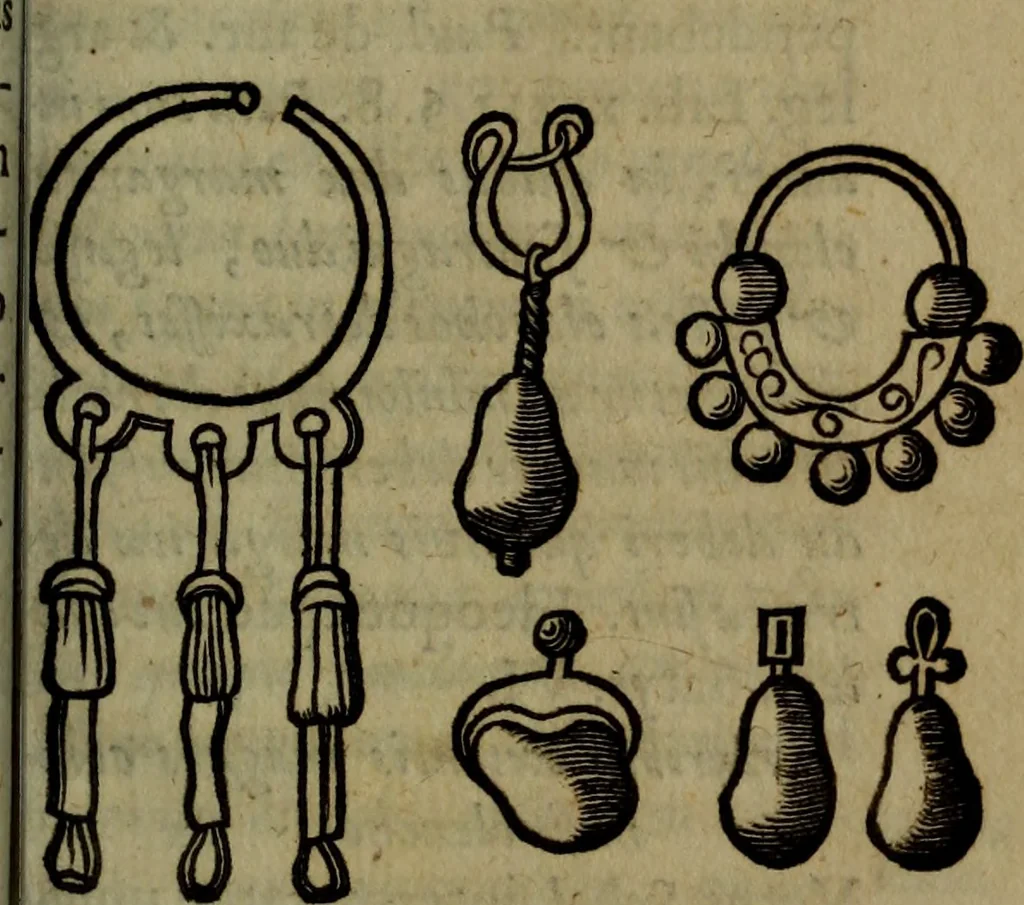 An illustration from Caspari Bartholini Thom. F. De inauribus veterum syntagma : accedit Mantissa ex Thomae Bartholini Miscellaneis medicis de Annulis narium, 1676, leaf 44