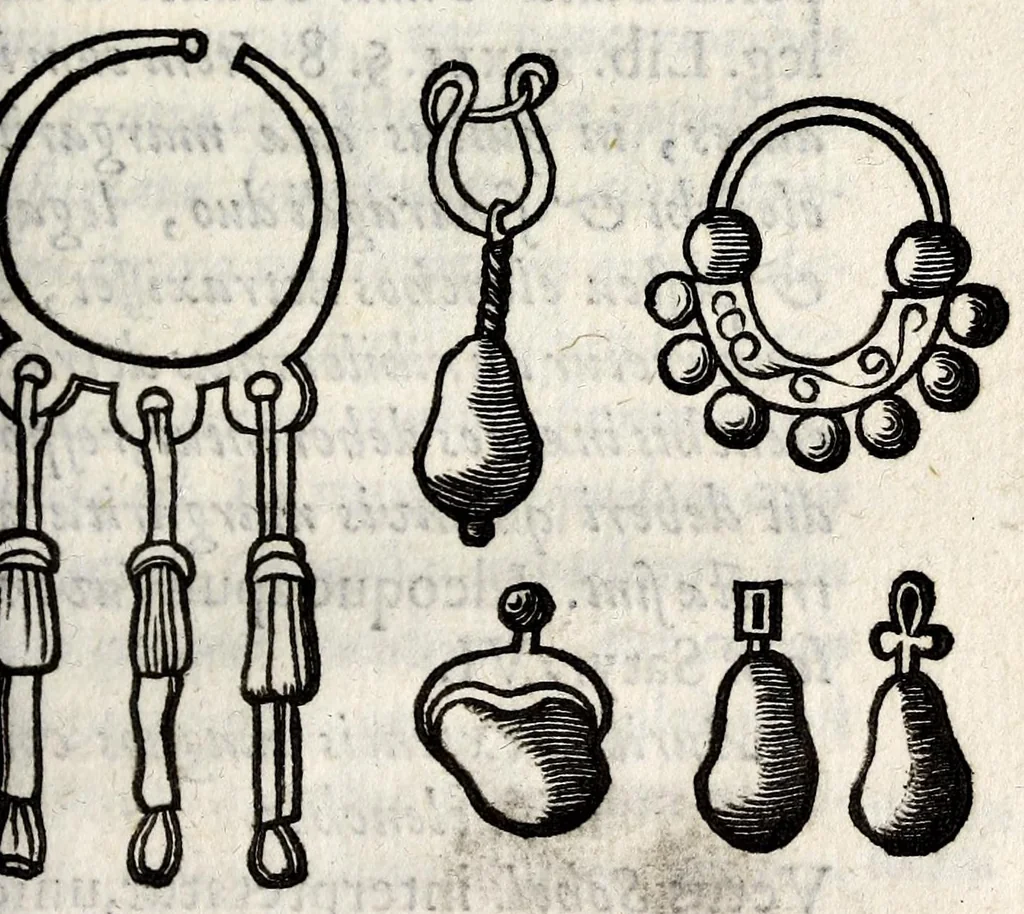 An illustration from Caspari Bartholini thom. f. De inauribus veterum syntagma ; accedit mantissa ex Thomae Bartholini miscellaneis medicis De annulis narium, 1676, leaf 53