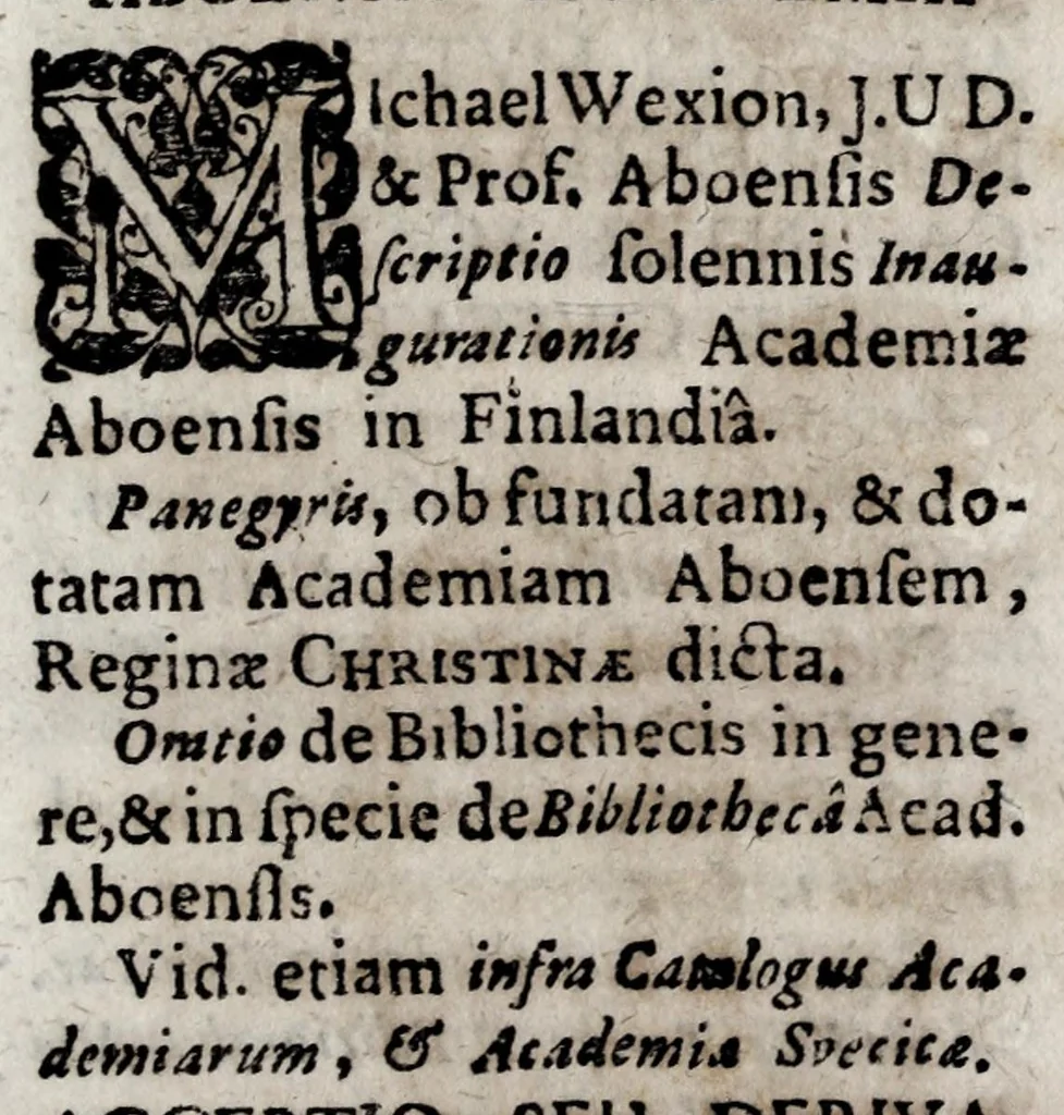 An illustration from Casparis Thurmanni, JC., consiliarii quondam Saxo-Lauenburgici, Bibliotheca academica : de rebus et juribus non tantùm academiarum, & academicorum, sed etiam doctorum, aliorumq[ue] eruditorum, extra academias viventium, imò universae rei literariae immunitatibus, privilegiis, atque praerogativis, &c. : ex innumeris ferè omnium facultatum autoribus in Europâ editis multorum annorum industriâ collecta, jam verò in orbis literarii commodum publici juris facta, 1700, leaf 19