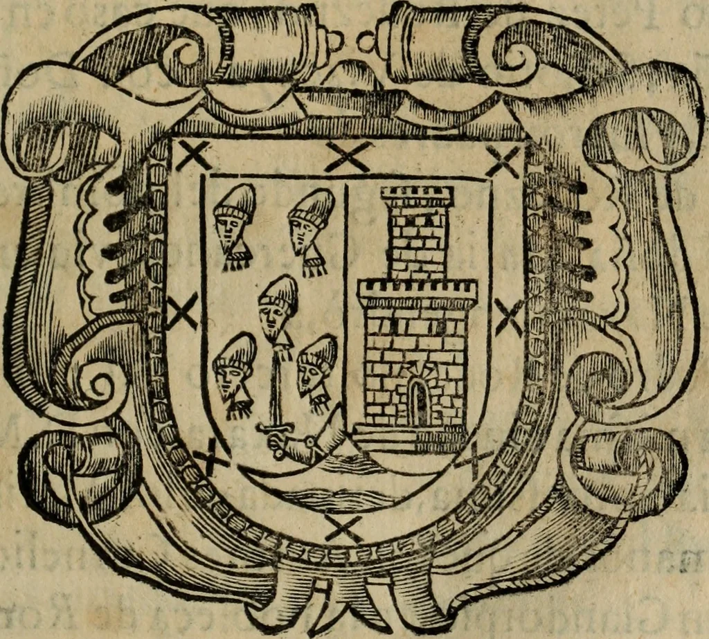 An illustration from Catalogo real, y genealogico de España, ascendencias, y descendencias de nuestros catolicos principes, y monarcas supremos : reformado, y añadido en esta ultima impression, con singulares noticias, curiosos origines de familias, con sejos, ordenes, dignidades ecclesiasticas, y seglares, gloriosos hechos, varios succesos, y nouedades antiguas, dignas de perpetua memoria, 1656, leaf 16