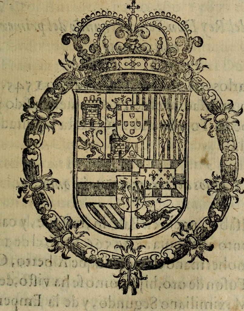 An illustration from Catalogo real, y genealogico de España, ascendencias, y descendencias de nuestros catolicos principes, y monarcas supremos : reformado, y añadido en esta ultima impression, con singulares noticias, curiosos origines de familias, con sejos, ordenes, dignidades ecclesiasticas, y seglares, gloriosos hechos, varios succesos, y nouedades antiguas, dignas de perpetua memoria, 1656, leaf 334