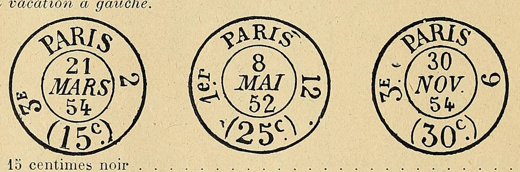 An illustration from Catalogue descriptif de toutes les marques postales de la France : inscriptions, timbres a main, et obliterations ... avec des prix de vente pour les collections, 1902, leaf 58