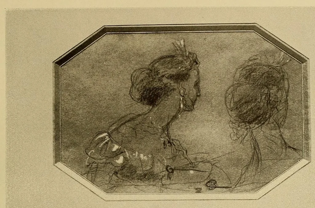 An illustration from Catalogue de sculptures originales : terres cuites, plâtres, bronzes ... tableaux et dessins par J.-B. Carpeaux : dessins par Eug. Delacroix dont la vente aura lieu à Paris, Galerie Manzi, Joyant, les lundis 8 et mardi 9 décembre 1913, 1913, leaf 147
