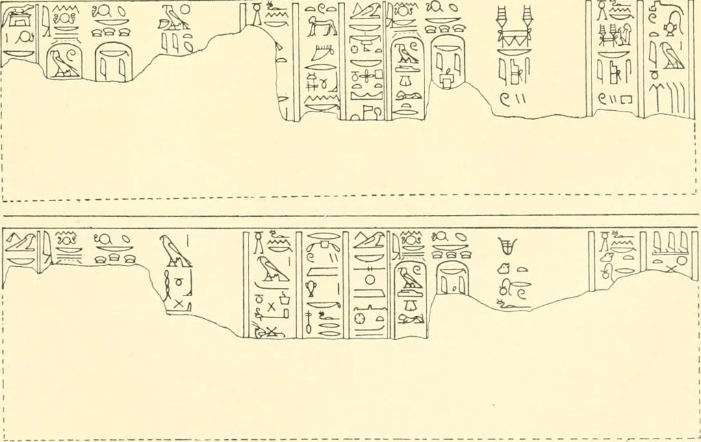 An illustration from Catalogue des monuments et inscriptions de l'Égypte antique / publié sous les auspices de S.A. Abbas II Helmi par la direction générale du Service des antiquités [de l'Égypte] ; par J. de Morgan, U. Bouriant, G. Legrain, G. Jéquier, A. Barsanti, 1894, leaf 114