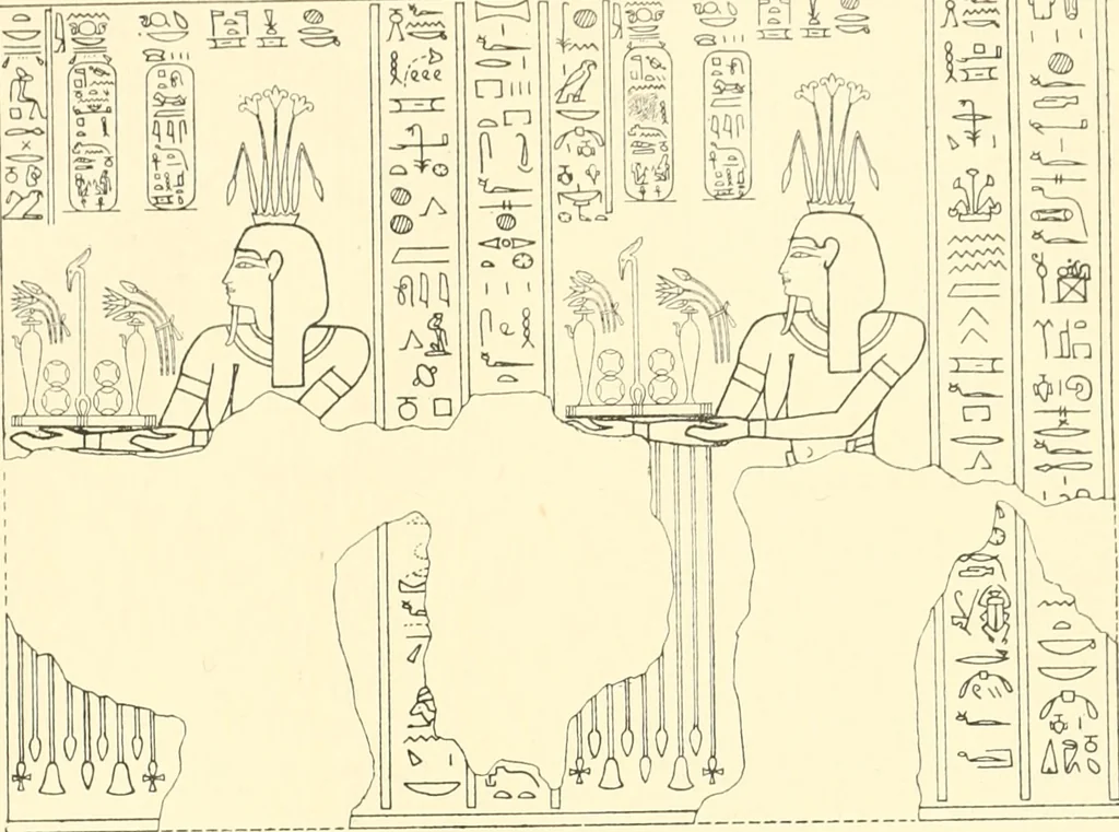 An illustration from Catalogue des monuments et inscriptions de l'Égypte antique / publié sous les auspices de S.A. Abbas II Helmi par la direction générale du Service des antiquités [de l'Égypte] ; par J. de Morgan, U. Bouriant, G. Legrain, G. Jéquier, A. Barsanti, 1894, leaf 216