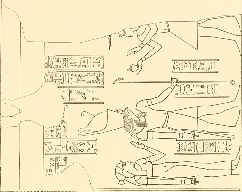 An illustration from Catalogue des monuments et inscriptions de l'Égypte antique / publié sous les auspices de S.A. Abbas II Helmi par la direction générale du Service des antiquités [de l'Égypte] ; par J. de Morgan, U. Bouriant, G. Legrain, G. Jéquier, A. Barsanti, 1894, leaf 328
