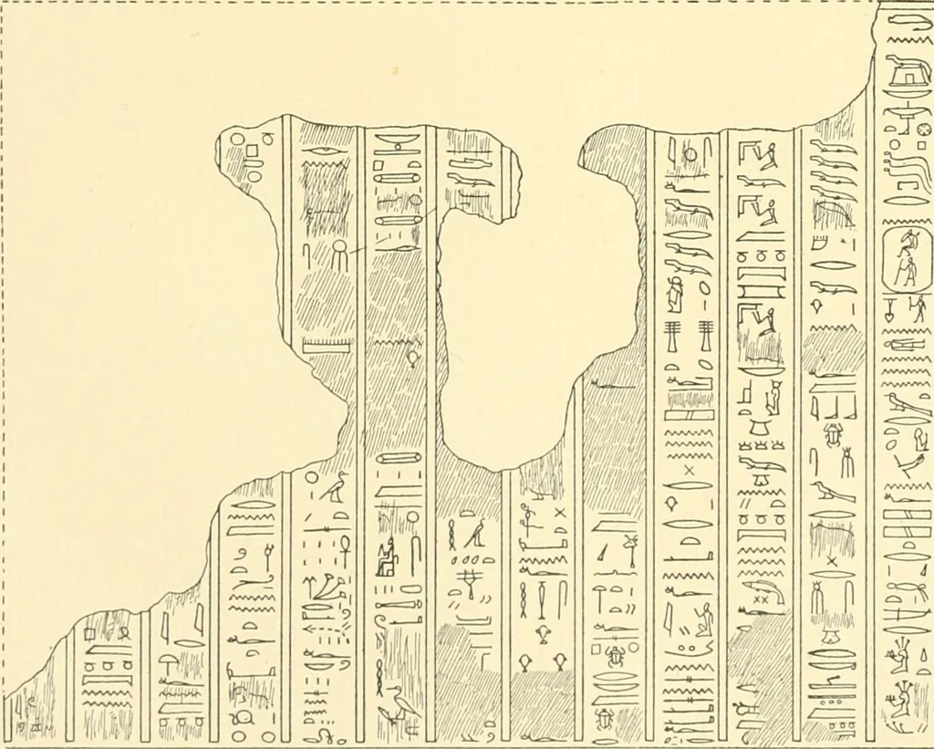 An illustration from Catalogue des monuments et inscriptions de l'Égypte antique / publié sous les auspices de S.A. Abbas II Helmi par la direction générale du Service des antiquités [de l'Égypte] ; par J. de Morgan, U. Bouriant, G. Legrain, G. Jéquier, A. Barsanti, 1894, leaf 95