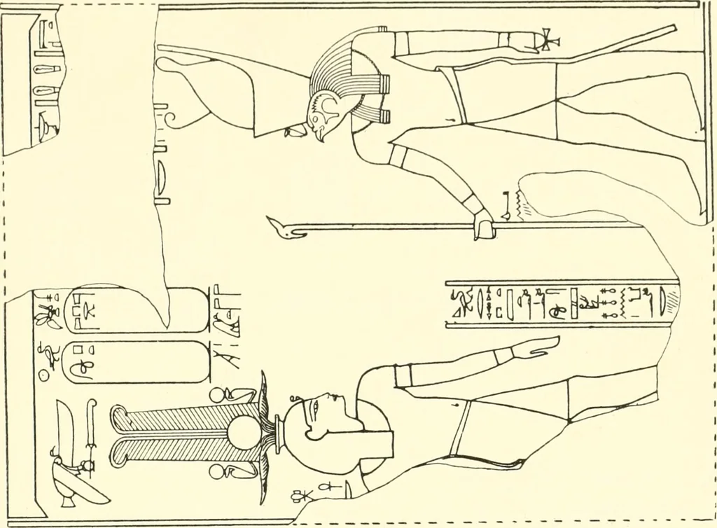 An illustration from Catalogue des monuments et inscriptions de l'Égypte antique / publié sous les auspices de S.A. Abbas II Helmi par la direction générale du Service des antiquités [de l'Égypte] ; par J. de Morgan, U. Bouriant, G. Legrain, G. Jéquier, A. Barsanti, 1894, leaf 46