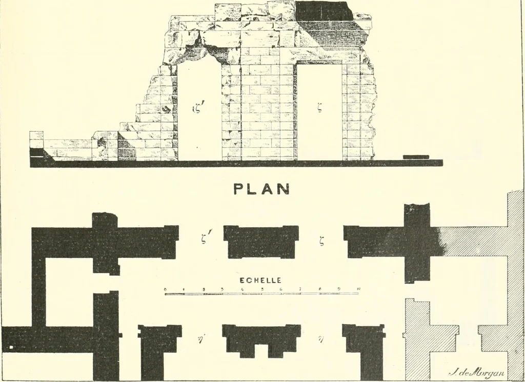 An illustration from Catalogue des monuments et inscriptions de l'Égypte antique / publié sous les auspices de S.A. Abbas II Helmi par la direction générale du Service des antiquités [de l'Égypte] ; par J. de Morgan, U. Bouriant, G. Legrain, G. Jéquier, A. Barsanti, 1894, leaf 54