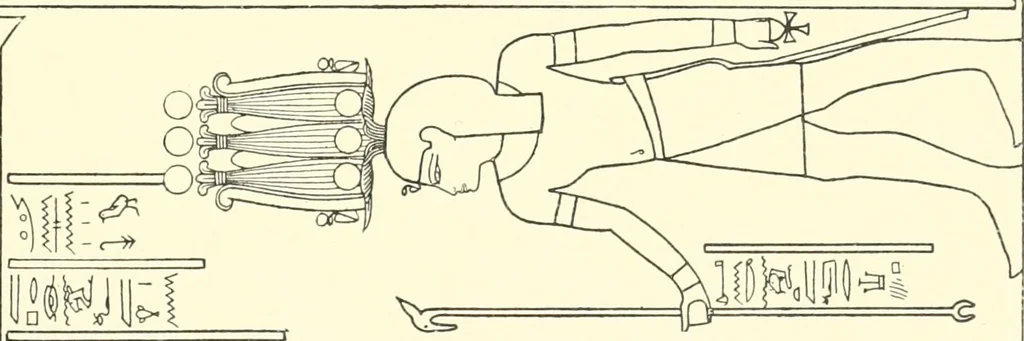 An illustration from Catalogue des monuments et inscriptions de l'Égypte antique / publié sous les auspices de S.A. Abbas II Helmi par la direction générale du Service des antiquités [de l'Égypte] ; par J. de Morgan, U. Bouriant, G. Legrain, G. Jéquier, A. Barsanti, 1894, leaf 58