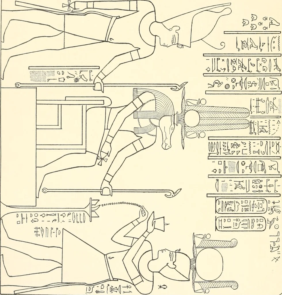 An illustration from Catalogue des monuments et inscriptions de l'Égypte antique / publié sous les auspices de S.A. Abbas II Helmi par la direction générale du Service des antiquités [de l'Égypte] ; par J. de Morgan, U. Bouriant, G. Legrain, G. Jéquier, A. Barsanti, 1894, leaf 123