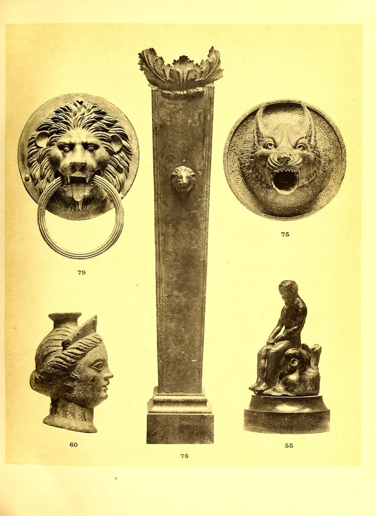 An illustration from Catalogue des objets d'art et de haute curiosite de l'antiquite, du moyen age, de la renaissance et autres faiences italienneres emaillees des Robbia, porcelaines de saxe, iboires - objets varies - bijoux, bois sculptes, marbres, pierres, terres cuites, bronzes Italiens, sculptures Egyptinnes et Grecques en marbre, terres cuites et bronzes greos et romains, faiences orientales: importante serie de rhages, manuscrits persans, sculptures et peintures Chinoises bronze de mossoul, tableaux anciens .., 1914, leaf 95