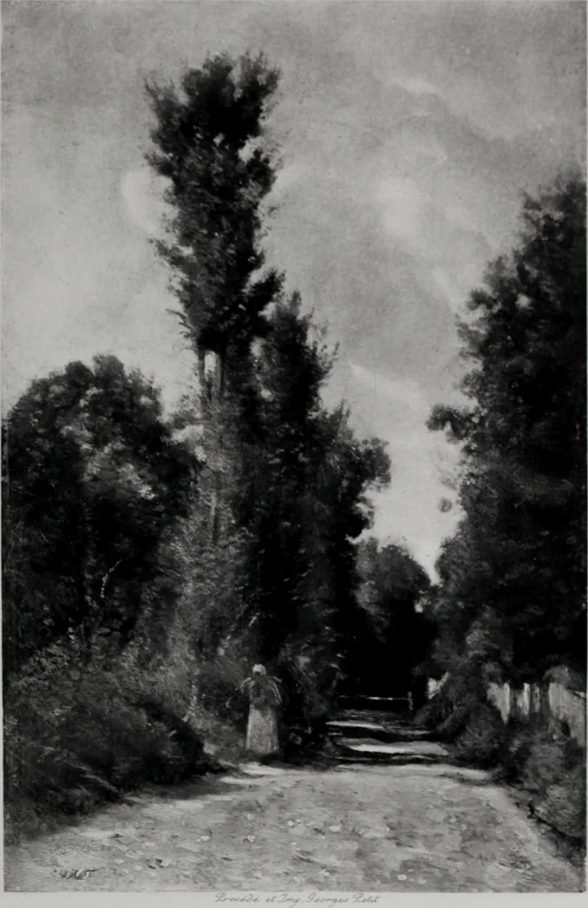 An illustration from Catalogue de tableaux modernes de premier ordre, pastels, aquarelles, dessins : œuvres importantes de: Besnard, Bonvin, Carriere, Cazin, Corot, Daubigny, Daumier, Degas, Diaz, Forain, Harpignies, Lebourg, Meissonier, Millet, Monet, Puvis de Chavannes, Théodore Rousseau, Renoir, Sisley, etc.; sculptures par Barye, Carriés, Dalou, Gémito, Rodin, 1897, leaf 100