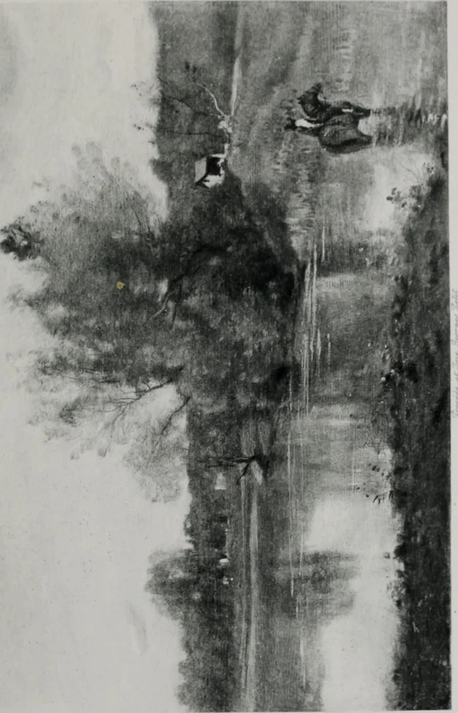 An illustration from Catalogue de tableaux modernes de premier ordre, pastels, aquarelles, dessins : œuvres importantes de: Besnard, Bonvin, Carriere, Cazin, Corot, Daubigny, Daumier, Degas, Diaz, Forain, Harpignies, Lebourg, Meissonier, Millet, Monet, Puvis de Chavannes, Théodore Rousseau, Renoir, Sisley, etc.; sculptures par Barye, Carriés, Dalou, Gémito, Rodin, 1897, leaf 104