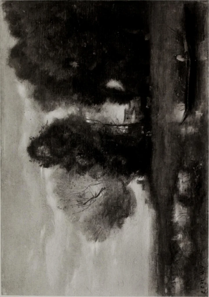 An illustration from Catalogue de tableaux modernes de premier ordre, pastels, aquarelles, dessins : œuvres importantes de: Besnard, Bonvin, Carriere, Cazin, Corot, Daubigny, Daumier, Degas, Diaz, Forain, Harpignies, Lebourg, Meissonier, Millet, Monet, Puvis de Chavannes, Théodore Rousseau, Renoir, Sisley, etc.; sculptures par Barye, Carriés, Dalou, Gémito, Rodin, 1897, leaf 106