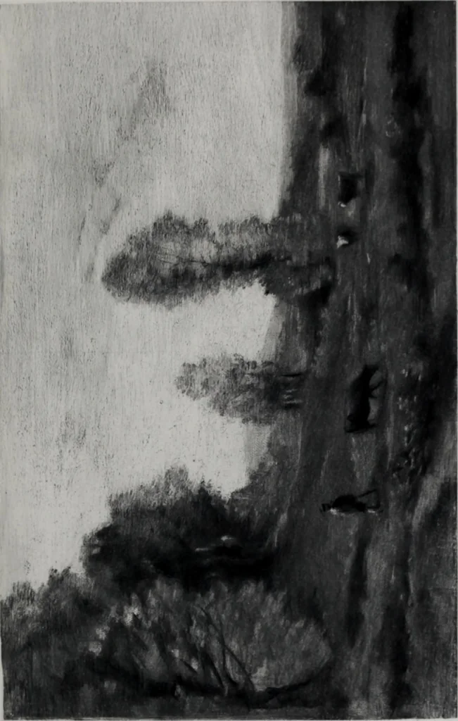 An illustration from Catalogue de tableaux modernes de premier ordre, pastels, aquarelles, dessins : œuvres importantes de: Besnard, Bonvin, Carriere, Cazin, Corot, Daubigny, Daumier, Degas, Diaz, Forain, Harpignies, Lebourg, Meissonier, Millet, Monet, Puvis de Chavannes, Théodore Rousseau, Renoir, Sisley, etc.; sculptures par Barye, Carriés, Dalou, Gémito, Rodin, 1897, leaf 110