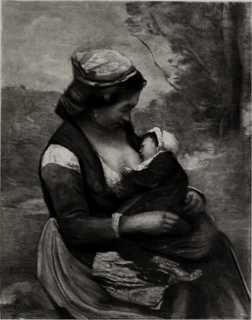 An illustration from Catalogue de tableaux modernes de premier ordre, pastels, aquarelles, dessins : œuvres importantes de: Besnard, Bonvin, Carriere, Cazin, Corot, Daubigny, Daumier, Degas, Diaz, Forain, Harpignies, Lebourg, Meissonier, Millet, Monet, Puvis de Chavannes, Théodore Rousseau, Renoir, Sisley, etc.; sculptures par Barye, Carriés, Dalou, Gémito, Rodin, 1897, leaf 112