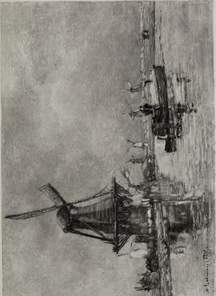 An illustration from Catalogue de tableaux modernes de premier ordre, pastels, aquarelles, dessins : œuvres importantes de: Besnard, Bonvin, Carriere, Cazin, Corot, Daubigny, Daumier, Degas, Diaz, Forain, Harpignies, Lebourg, Meissonier, Millet, Monet, Puvis de Chavannes, Théodore Rousseau, Renoir, Sisley, etc.; sculptures par Barye, Carriés, Dalou, Gémito, Rodin, 1897, leaf 142
