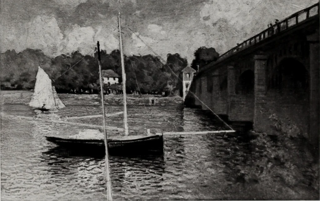 An illustration from Catalogue de tableaux modernes de premier ordre, pastels, aquarelles, dessins : œuvres importantes de: Besnard, Bonvin, Carriere, Cazin, Corot, Daubigny, Daumier, Degas, Diaz, Forain, Harpignies, Lebourg, Meissonier, Millet, Monet, Puvis de Chavannes, Théodore Rousseau, Renoir, Sisley, etc.; sculptures par Barye, Carriés, Dalou, Gémito, Rodin, 1897, leaf 154