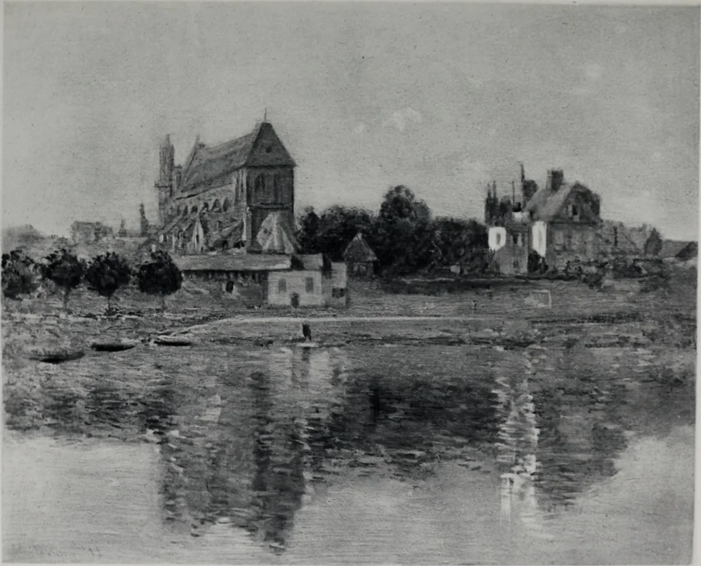 An illustration from Catalogue de tableaux modernes de premier ordre, pastels, aquarelles, dessins : œuvres importantes de: Besnard, Bonvin, Carriere, Cazin, Corot, Daubigny, Daumier, Degas, Diaz, Forain, Harpignies, Lebourg, Meissonier, Millet, Monet, Puvis de Chavannes, Théodore Rousseau, Renoir, Sisley, etc.; sculptures par Barye, Carriés, Dalou, Gémito, Rodin, 1897, leaf 158