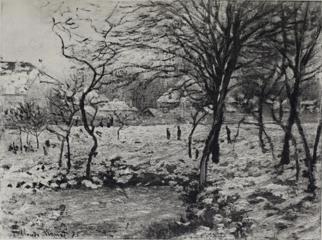 An illustration from Catalogue de tableaux modernes de premier ordre, pastels, aquarelles, dessins : œuvres importantes de: Besnard, Bonvin, Carriere, Cazin, Corot, Daubigny, Daumier, Degas, Diaz, Forain, Harpignies, Lebourg, Meissonier, Millet, Monet, Puvis de Chavannes, Théodore Rousseau, Renoir, Sisley, etc.; sculptures par Barye, Carriés, Dalou, Gémito, Rodin, 1897, leaf 168