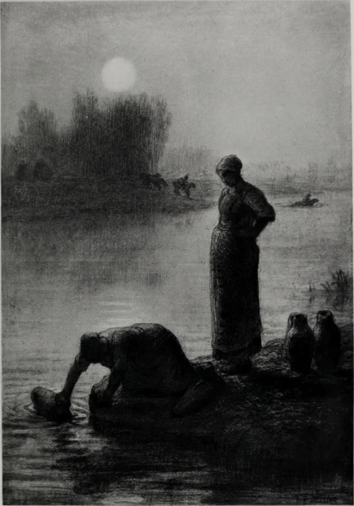 An illustration from Catalogue de tableaux modernes de premier ordre, pastels, aquarelles, dessins : œuvres importantes de: Besnard, Bonvin, Carriere, Cazin, Corot, Daubigny, Daumier, Degas, Diaz, Forain, Harpignies, Lebourg, Meissonier, Millet, Monet, Puvis de Chavannes, Théodore Rousseau, Renoir, Sisley, etc.; sculptures par Barye, Carriés, Dalou, Gémito, Rodin, 1897, leaf 214