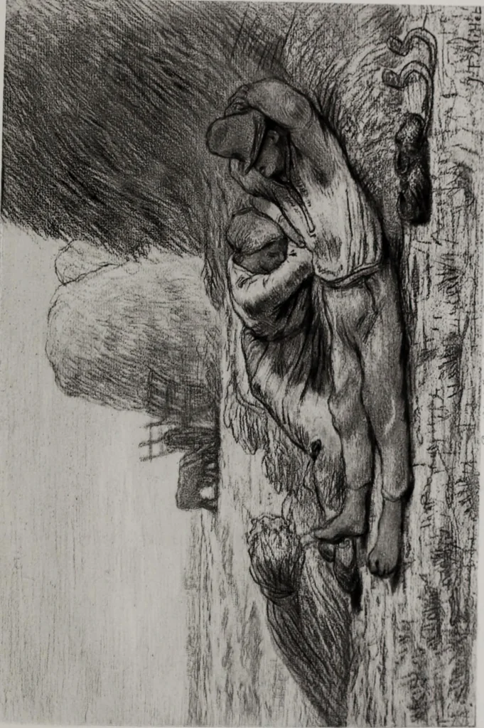 An illustration from Catalogue de tableaux modernes de premier ordre, pastels, aquarelles, dessins : œuvres importantes de: Besnard, Bonvin, Carriere, Cazin, Corot, Daubigny, Daumier, Degas, Diaz, Forain, Harpignies, Lebourg, Meissonier, Millet, Monet, Puvis de Chavannes, Théodore Rousseau, Renoir, Sisley, etc.; sculptures par Barye, Carriés, Dalou, Gémito, Rodin, 1897, leaf 216