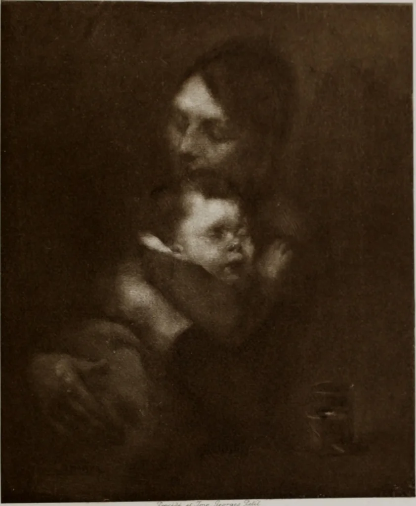 An illustration from Catalogue de tableaux modernes de premier ordre, pastels, aquarelles, dessins : œuvres importantes de: Besnard, Bonvin, Carriere, Cazin, Corot, Daubigny, Daumier, Degas, Diaz, Forain, Harpignies, Lebourg, Meissonier, Millet, Monet, Puvis de Chavannes, Théodore Rousseau, Renoir, Sisley, etc.; sculptures par Barye, Carriés, Dalou, Gémito, Rodin, 1897, leaf 72