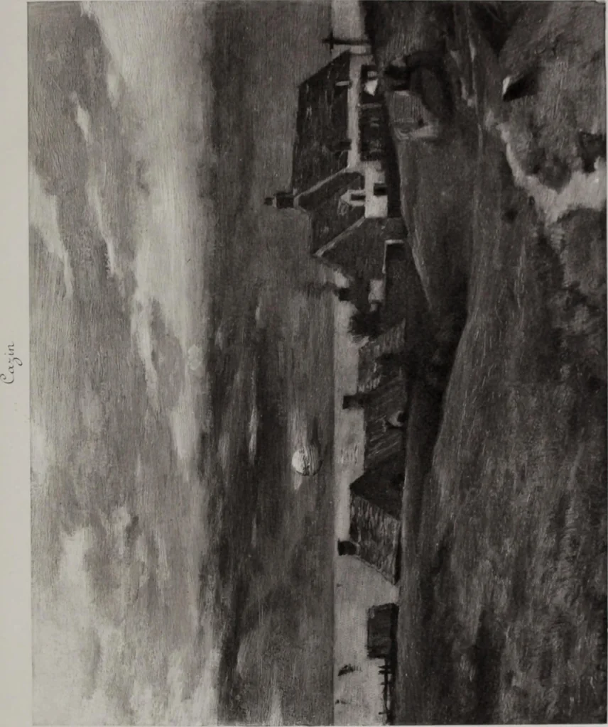 An illustration from Catalogue de tableaux modernes de premier ordre, pastels, aquarelles, dessins : œuvres importantes de: Besnard, Bonvin, Carriere, Cazin, Corot, Daubigny, Daumier, Degas, Diaz, Forain, Harpignies, Lebourg, Meissonier, Millet, Monet, Puvis de Chavannes, Théodore Rousseau, Renoir, Sisley, etc.; sculptures par Barye, Carriés, Dalou, Gémito, Rodin, 1897, leaf 78